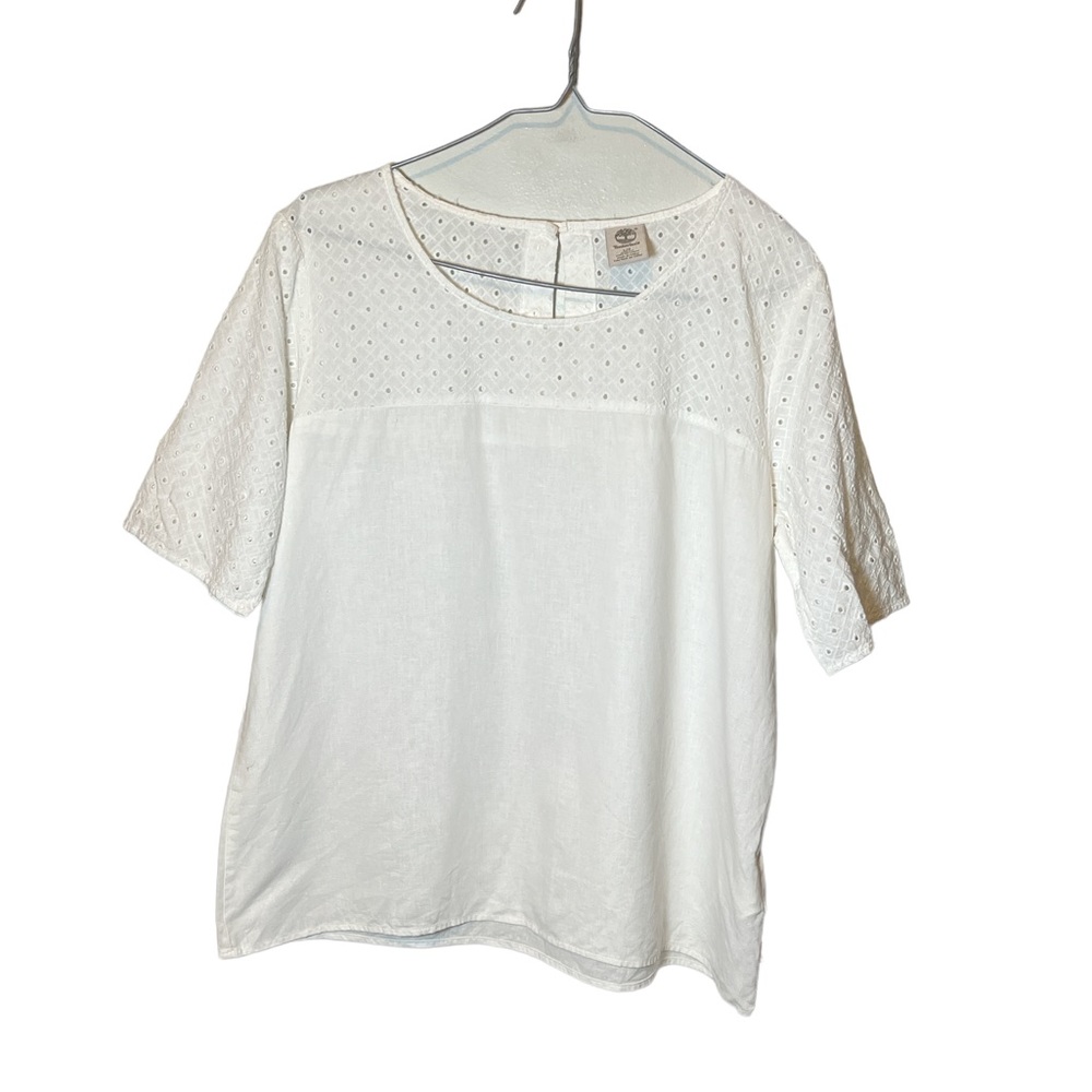 Timberland Eyelet Linen Top White Shirt Large Short Sleeve Tunic